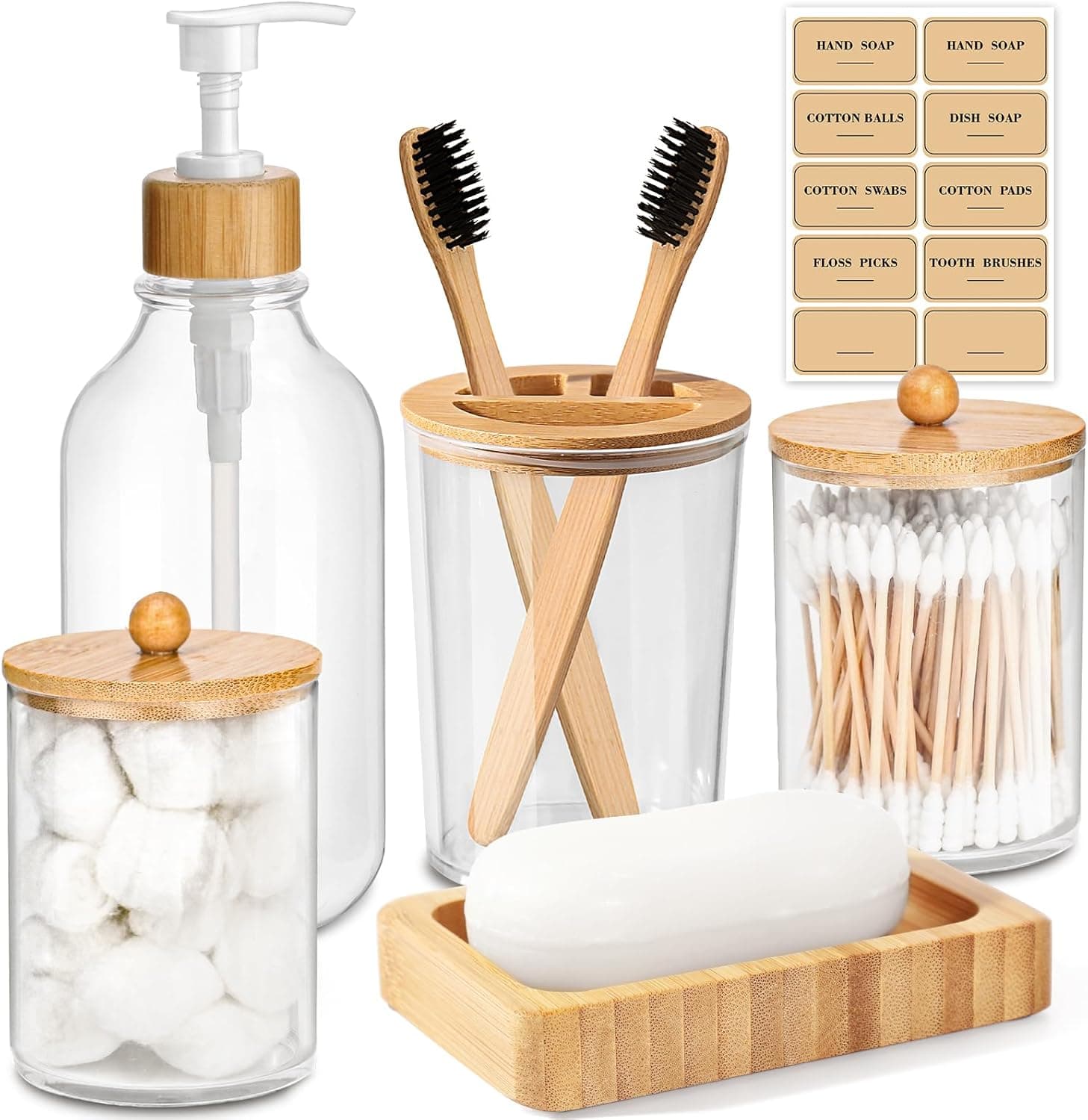 Bamboo Bathroom Accessory Set 5 Pcs, Boho Bathroom Accessories Sets Complete, Clear Bath Soap Dispenser and Toothbrush Holder Set, Soap Dish, Cotton Swab Jar, Boho Organizer - image 1