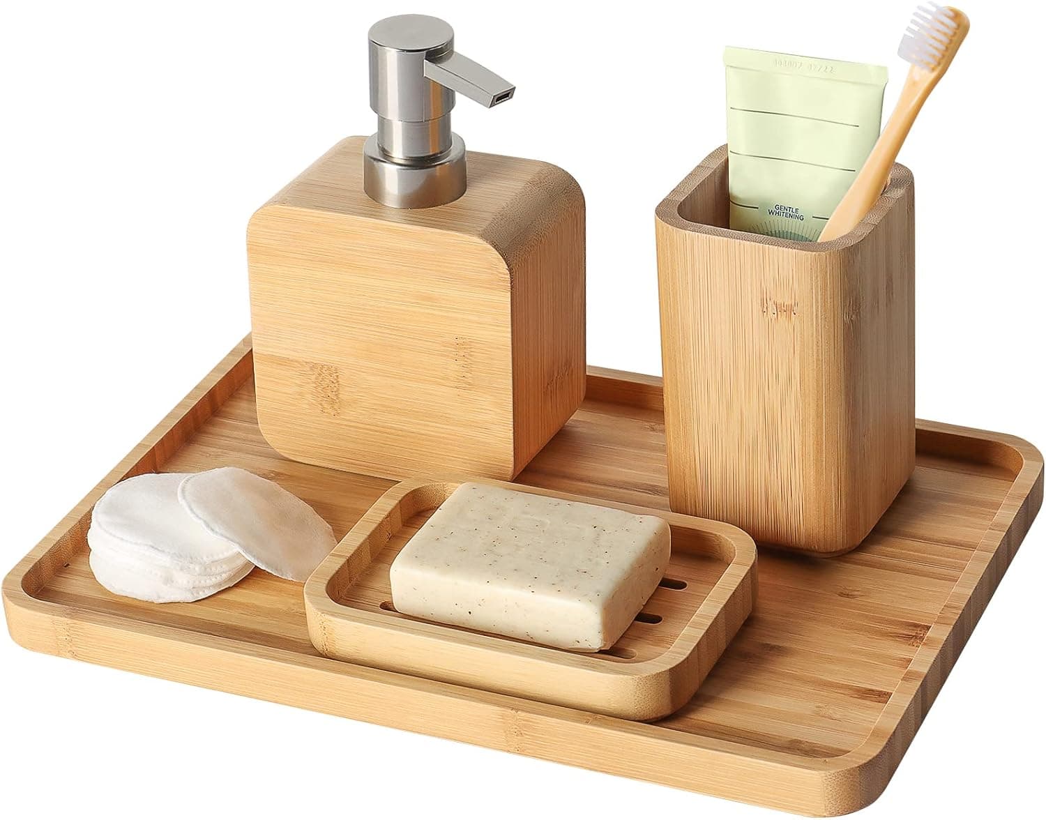 4Pcs Handmade Bamboo Sink & Bathroom Accessories Set Retro Set, Natural, Soap Dish Holder for Shower, Lotion Soap Dispenser, Mouthwash Cup, Rinse Cup, Organiser Tray for Hotel, House, Office - image 1