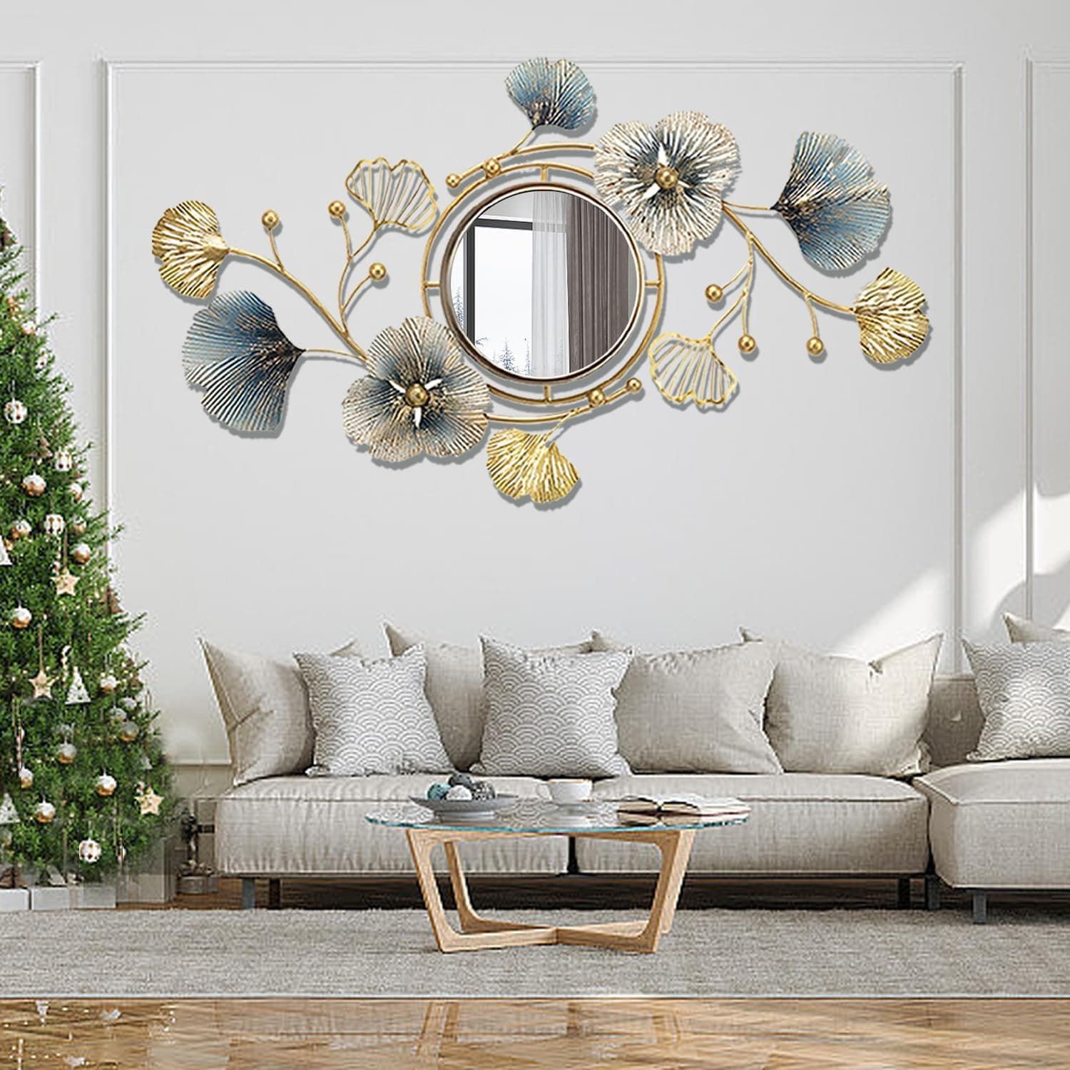 Metal Wall Mirrors Decor, Large Ginkgo Leaf Wall-Mounted Mirrors, Big Wall Decor Mirror, 3D Creative Modern Hanging Wall Mirrors Decorative, for Living Room Bedroom Entryway Bathroom (59X33 Inch) - image 1
