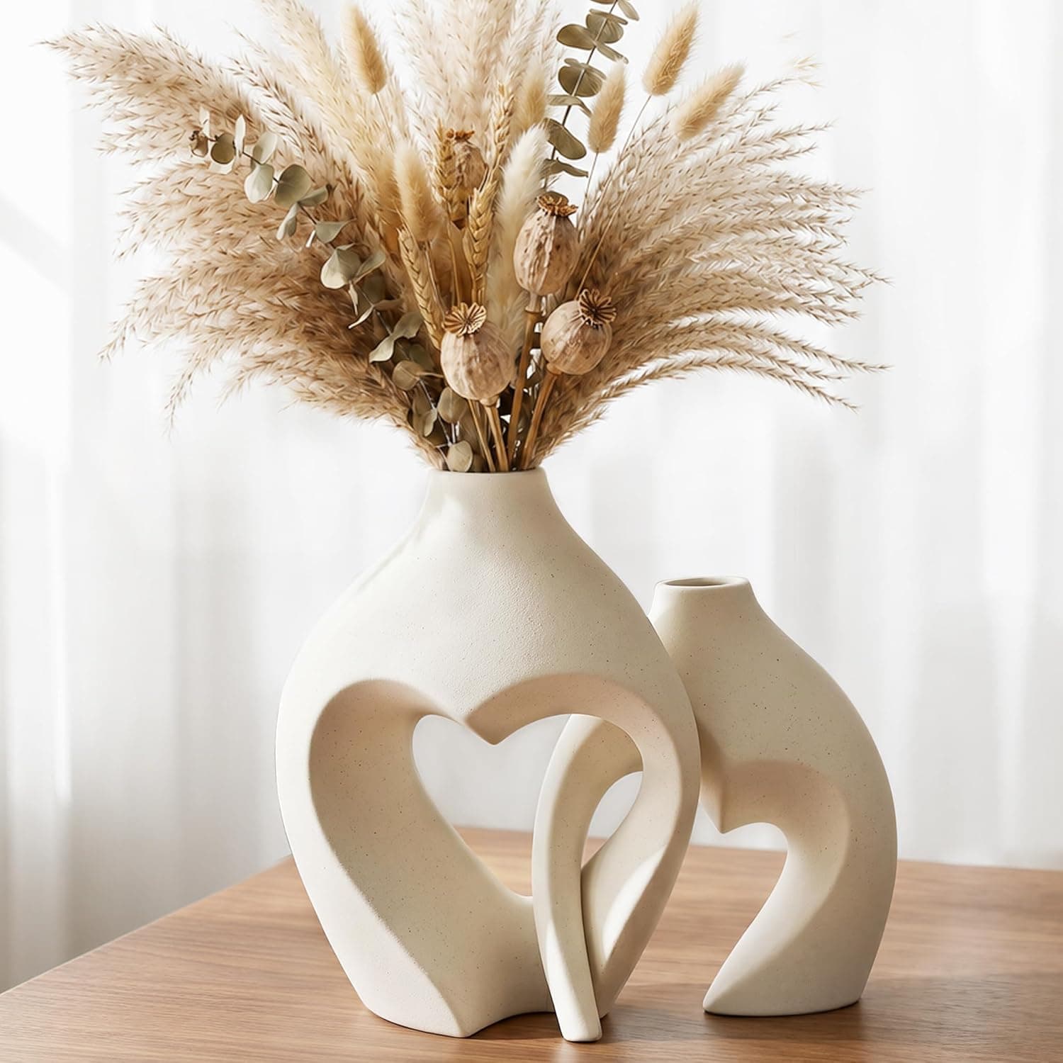 Zormon White Vases for Decor, Heart Shaped Ceramic Vase Set of 2, Nordic Heart Shaped Vases, Minimalist Decorative Vase for Table Centerpiece Wedding Dining Living Room Office House Decoration - image 1