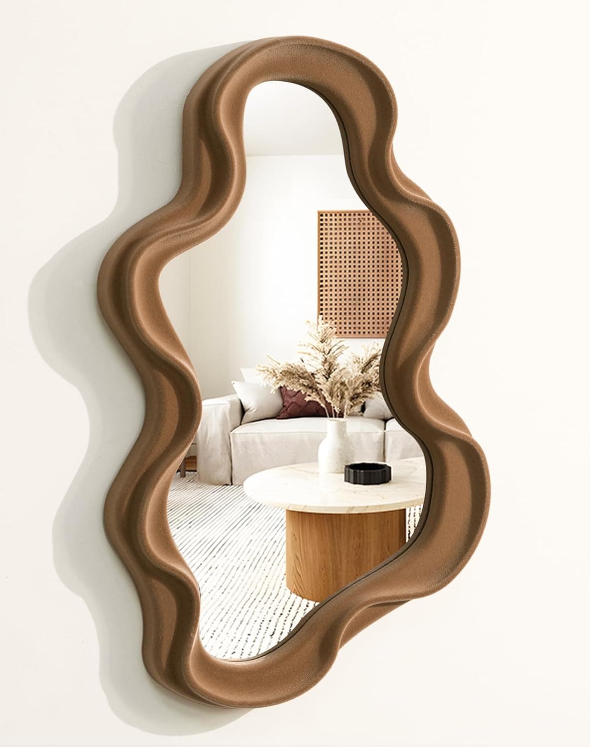 Irregular Wall Mirror Living Room Decor, Cloud Decorative Mirrors with Flocking Touch, Modern Wavy Mirror for Hallway Entryway Staircase Bedroom, Over the Door Wall Art Decoration (Brown) - image 1