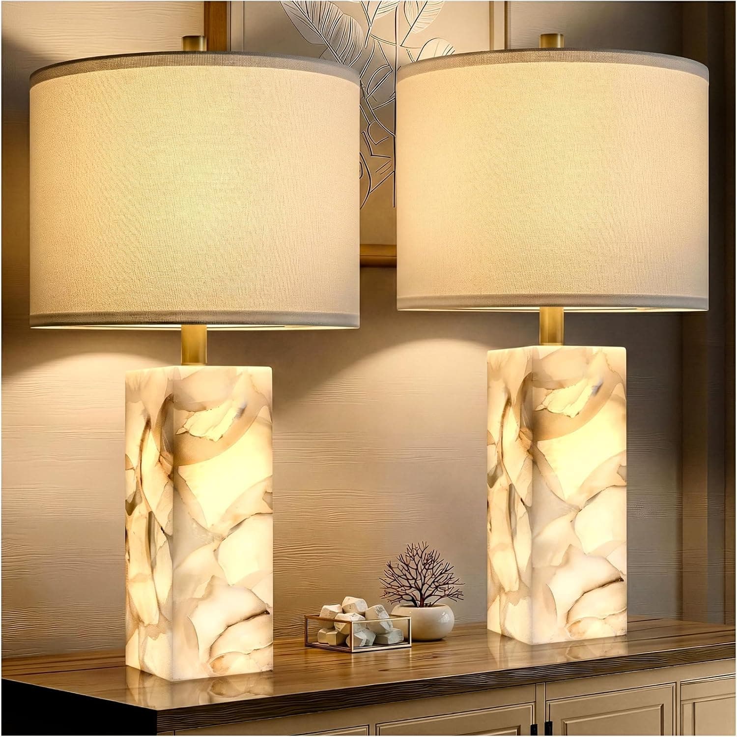 Scenekoy Alabaster Table Lamp Set of 2 with Night Light for Bedroom Living Room, 23" Rotary Switch Bedside Lamp with Linen Shade, Modern Nightstand Lamps for Room Office Dorm (Bulb Included) - image 1