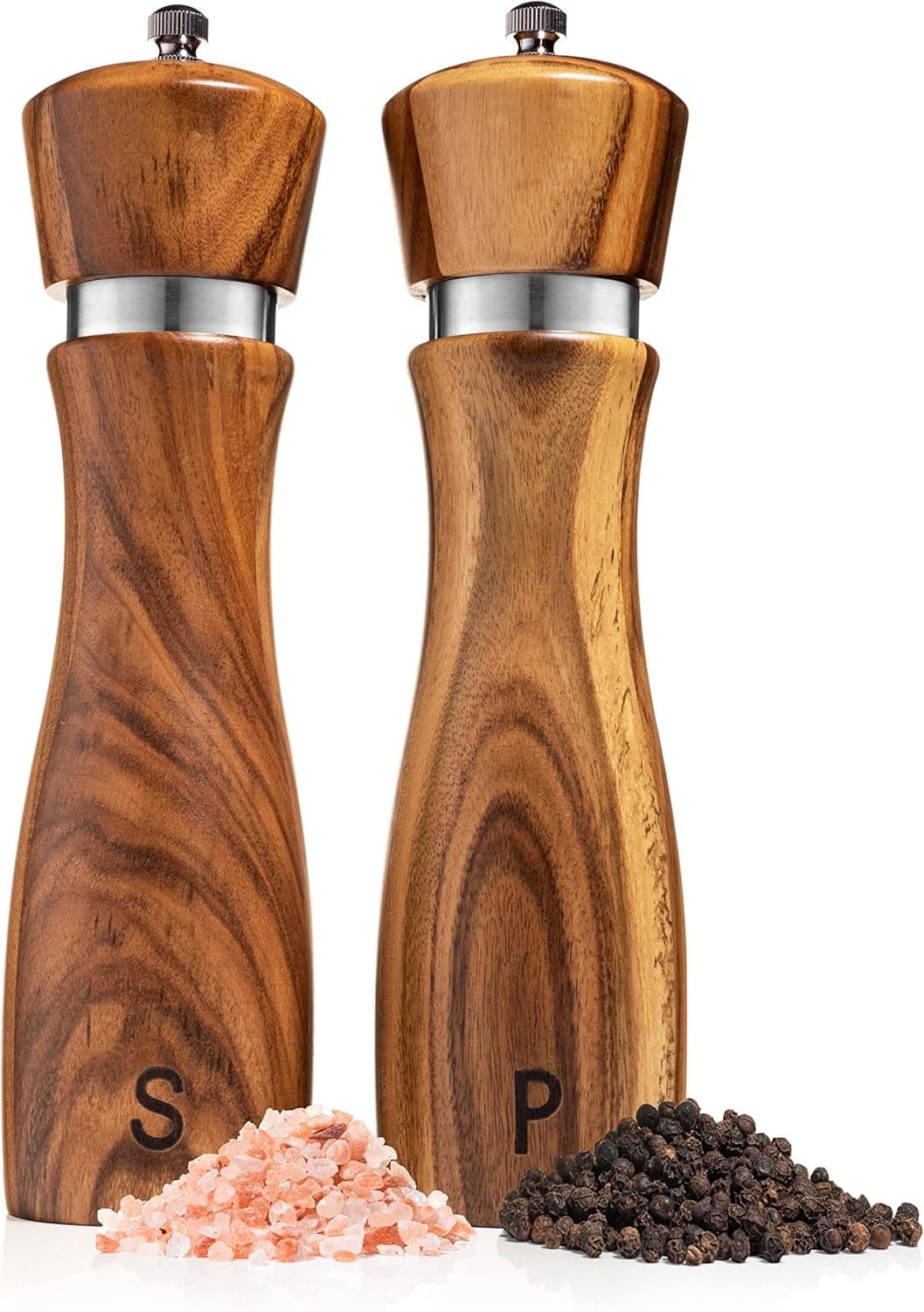 Gennua Kitchen Wooden Salt and Pepper Grinder Set: Refillable Salt & Pepper Mills Adjust for Customized Coarseness, Crafted of Solid Acacia Wood with Ceramic/Stainless Steel Core, 8 Inches Each - image 1