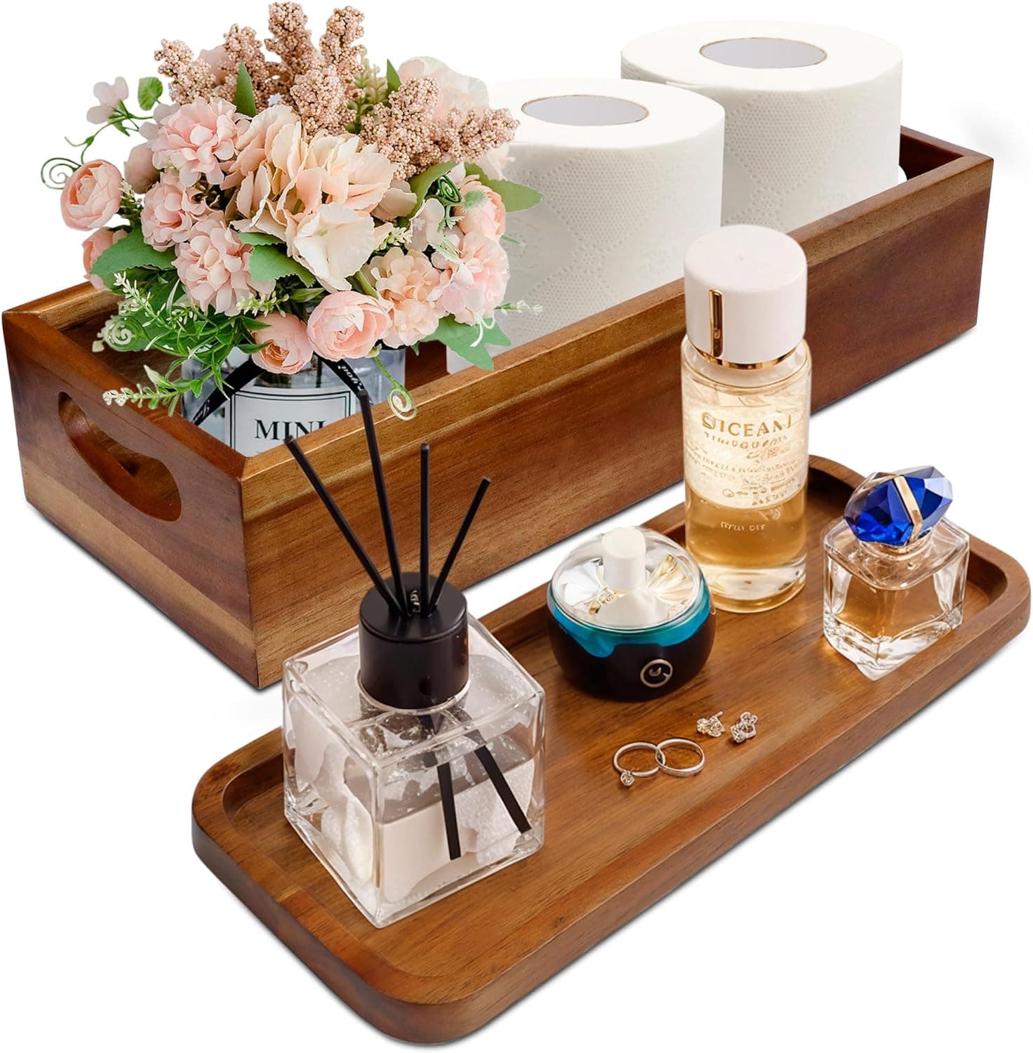 Handmade Toilet Tank Basket Topper & Vanity Tray Set of Natural Acacia Wood by DEMIGO, Created by Skilled Artisans, Smooth, Durable, Attractive Decor for Bathroom, Kitchen, Home, Spa - image 1